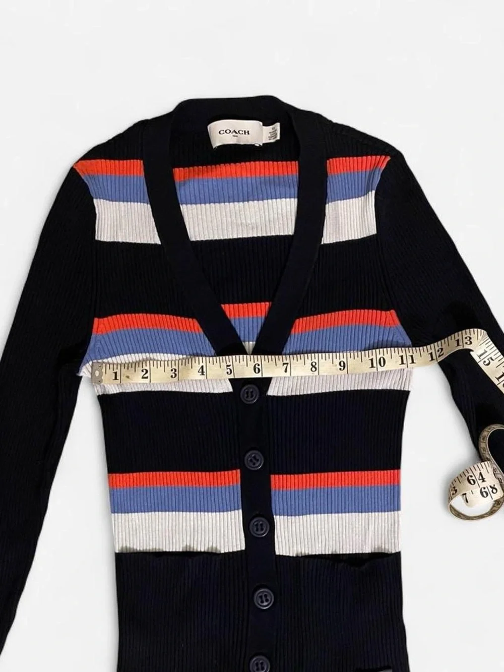 Coach Navy Striped Button-Up V-Neck Cardigan with Red, Blue & White Stripes